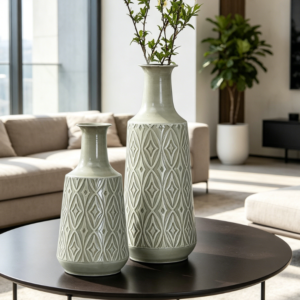 Set of 2 Light Grey Damask Metal Vases, 17" Home Decor